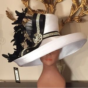 NEW CHARM NY White & Black HAT CHURCH DERBY FORMAL RHINESTONES